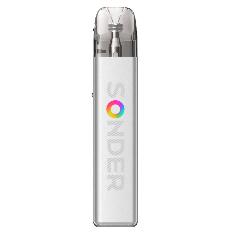 Geekvape Sonder Q2 E-Zigarette in silber mit transparentem Mundstück und buntem Logo.